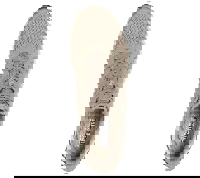 Skechers Bobs Squad 4 Chaos Mens Slip-Ins Casual Trainers, beige athletic sneaker with mesh and synthetic upper, cushioned collar, and lace-up closure, top view.