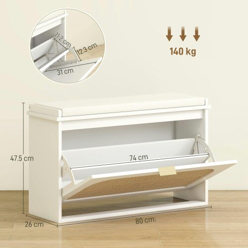Wyld Haus Kekami Wooden White Boho Style Shoe Bench With Cushioned Seat And Flip Drawer