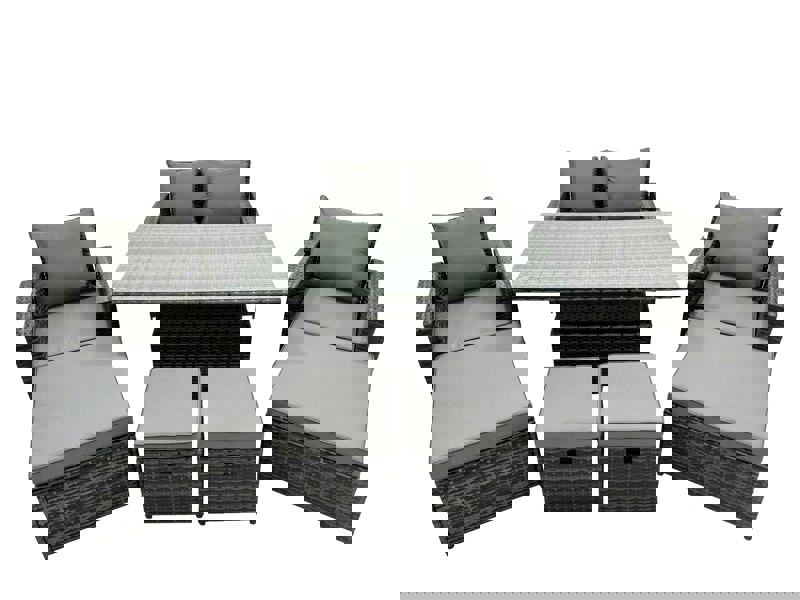 Fimous Outdoor Love Sofa Set 8 Seat Rattan Garden Furniture Set with Adjustable Lifting Dining or Coffee Table 4 Stools - Dark Grey