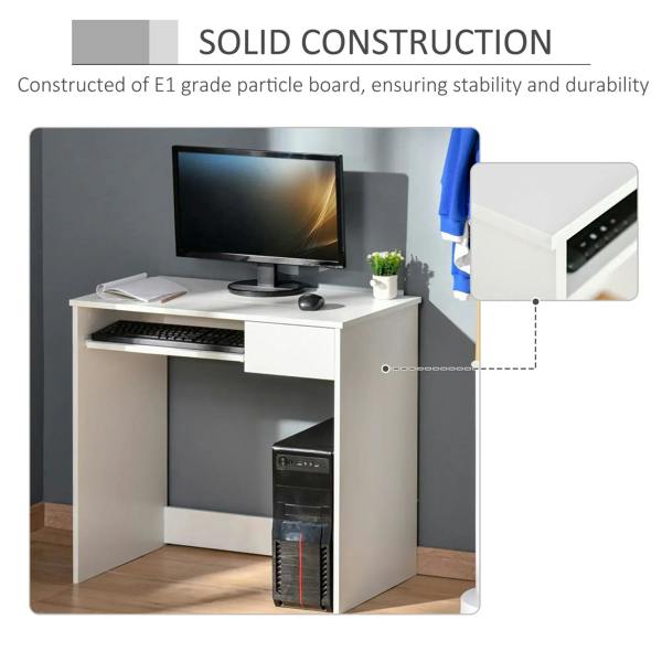 White compact computer desk with open keyboard tray and lower storage cabinet