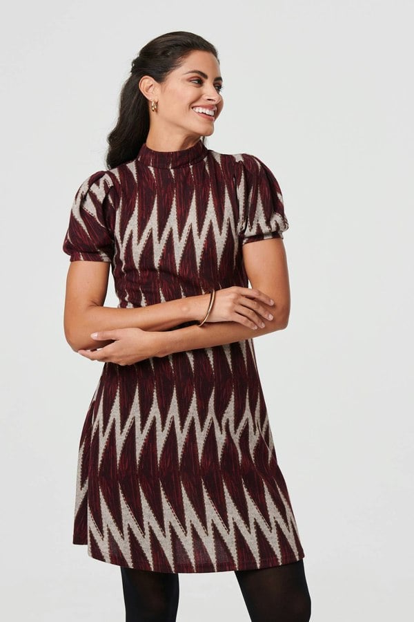 Burgundy | Geo Print Puff Sleeve Mini Skater Dress
