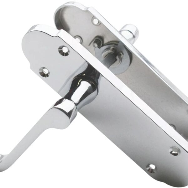 EDH Door Hardware Polished Chrome Victorian Scroll Door Handles on Shaped Backplate – 170mm x 40mm + Tubular Latch
