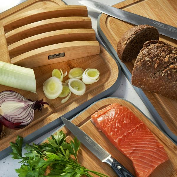 Cooks Professional 3 Piece Bamboo Chopping Board Set with Stand | Grey Edging