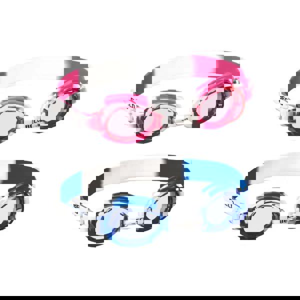 Beco Halifax junior swim goggles with pink blue lenses, white straps, anti-fog protection