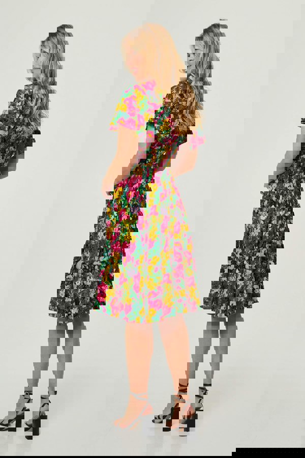 Green | Floral Shirred Short Sleeve Midi Dress
