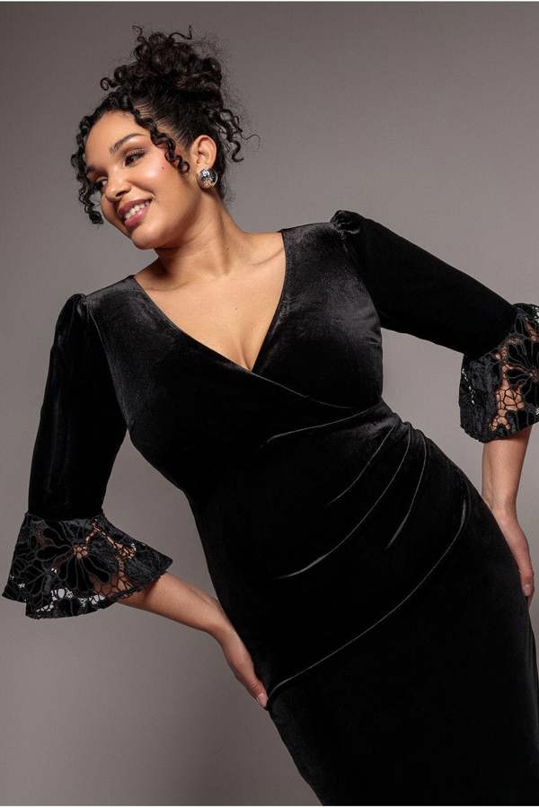 Crochet Velvet Wrap Midi Dress - Black DR4483PLUS