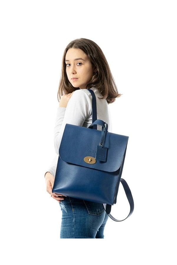 Leather Backpack in Cuoio Blue Artist Collection