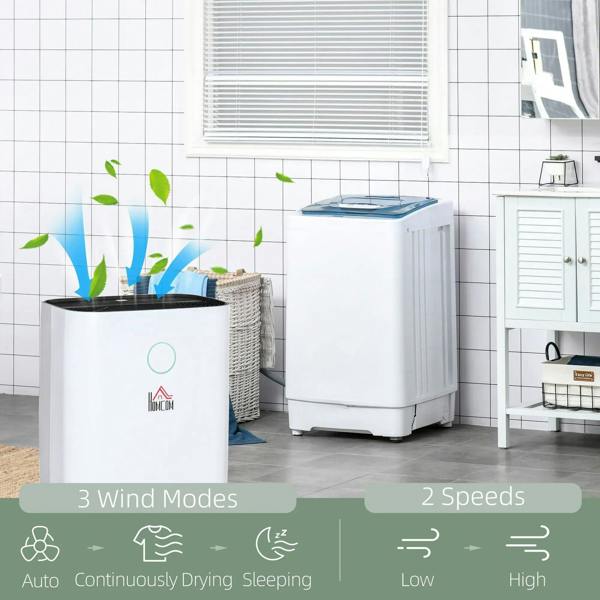 White portable dehumidifier next to laundry supplies in a bright room