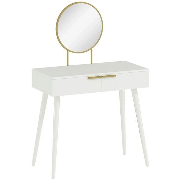 White dressing table with round mirror and gold handle, four wooden legs