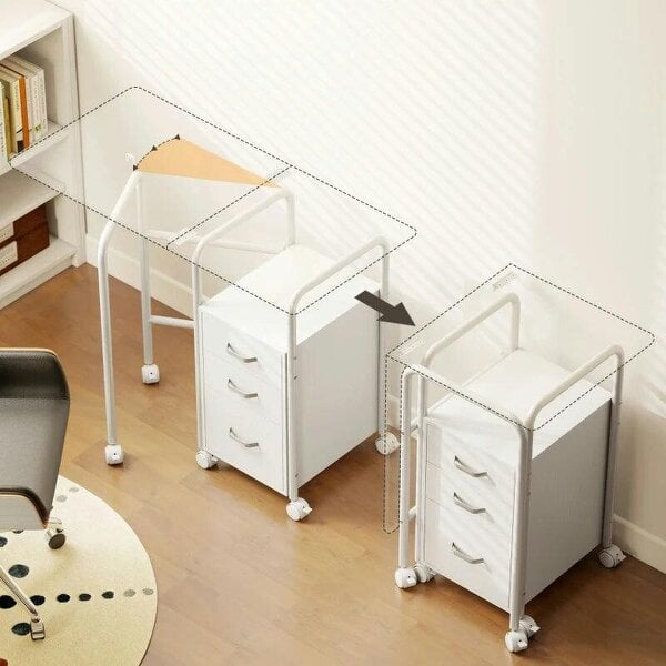 105 x 51 cm Foldable Office Deskwith 3 Drawers, Extendable Top, Wheels, White