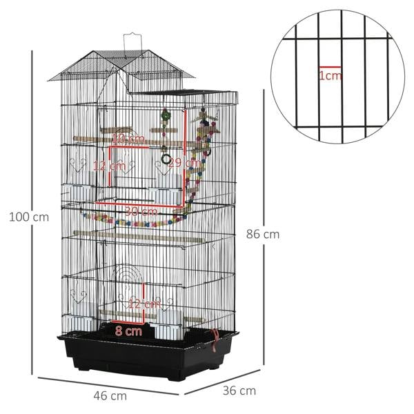 Bird cage with size diagram, black base and multi-level wire bars
