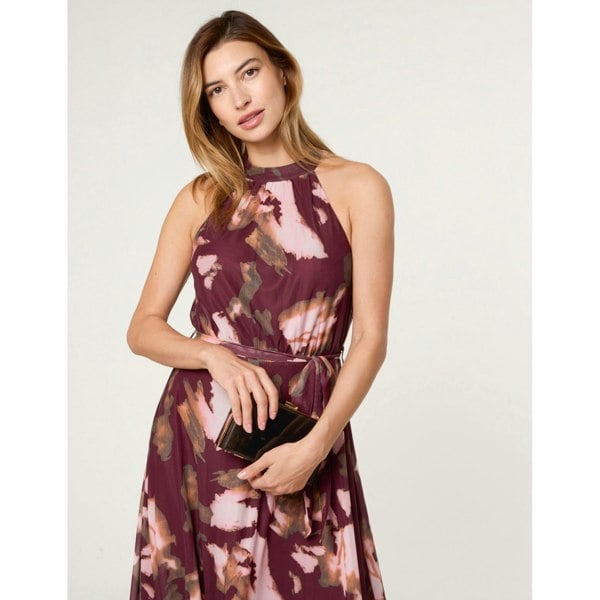 Blue Vanilla Mesh Halterneck Belted Maxi Dress