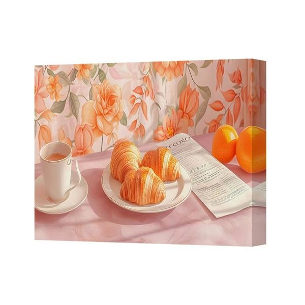 Benjamin Tate Design Floral Pink Breakfast Canvas Print With Croissants And Coffee