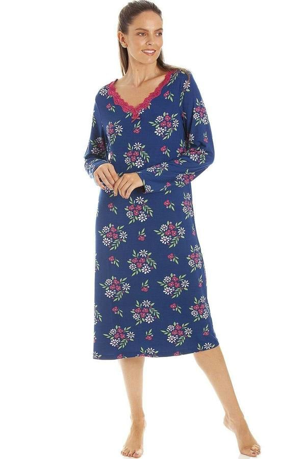 Womens Floral Print Spandex Knee Length Long Sleeve Nightdresses