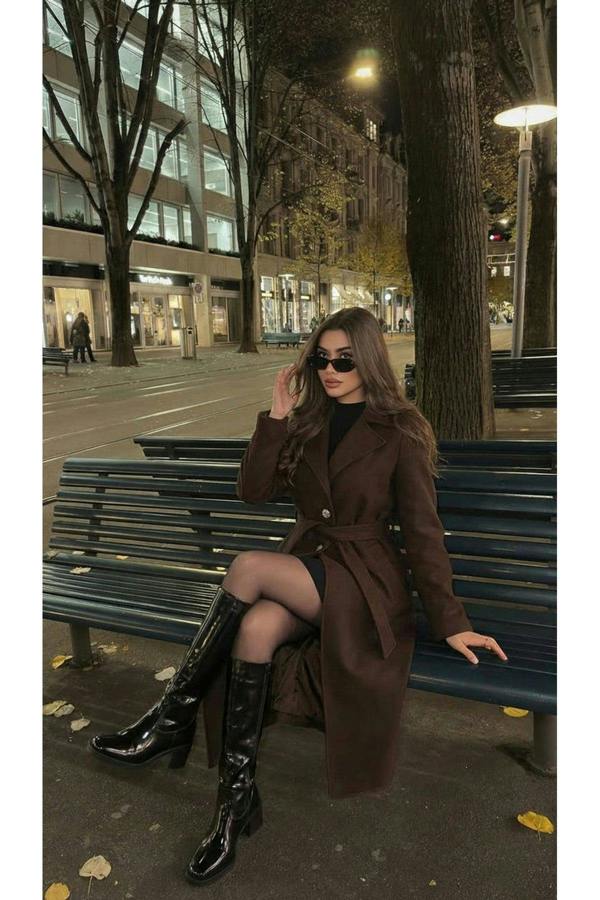 Marelle Belted Longline Coat With Button Detail - Brown