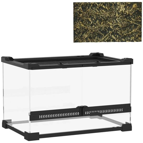 Clear glass reptile terrarium with black frame, stone-texture back panel, front ventilation