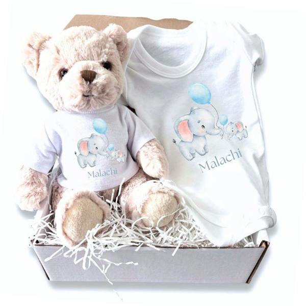 Personalised Little Elephants Baby Gift Box - Teddy & Vest