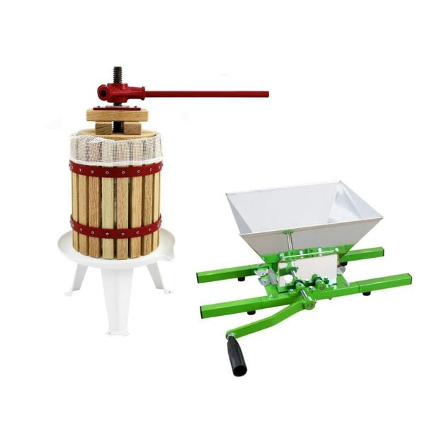 KuKoo Fruit Crusher and 12 Litre Fruit Press, featuring a wooden barrel, metal frame, and a green lever for easy fruit pressing