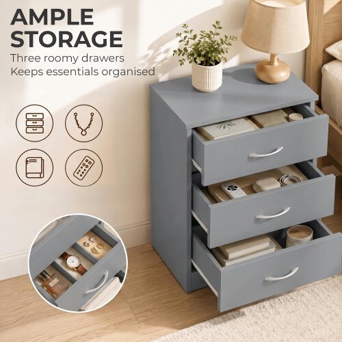 HOMCOM Modern 3 Drawers Side Table, Bedside Table with Non Slip feet, Grey