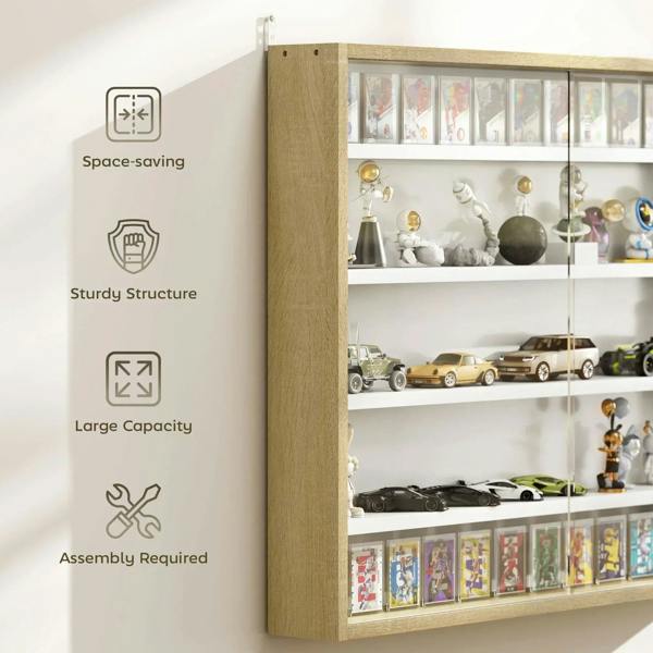 Natural wood wall display cabinet with glass door, showing multi-shelf organization and display space