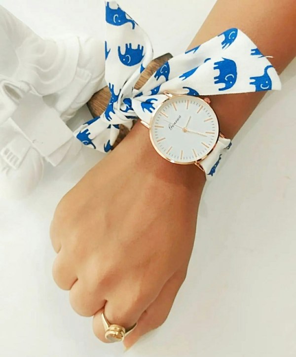 The Colourful Aura Elephant Print Changeable Fabric Cotton Tie Knot Strap Geneva Women Wristwatch