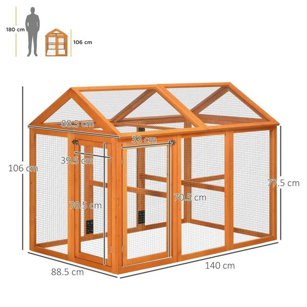 Front view of orange wooden chicken run with mesh panels and side dimensions shown