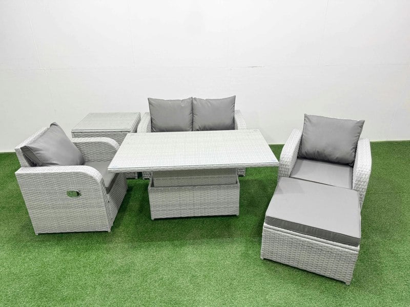 Fimous 5-Seater Light Grey PE Rattan Sofa Set | Reclining Chair, Adjustable Dining/Coffee Table, Footstool, Side Table