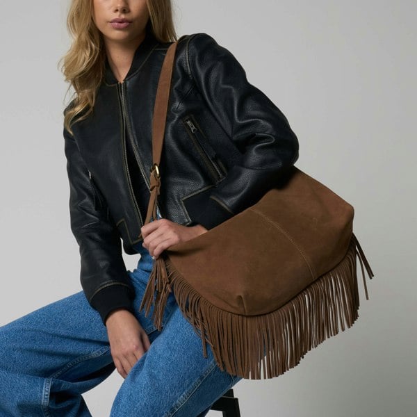 Barneys Originals Mocha Cow Suede Tassel Bag