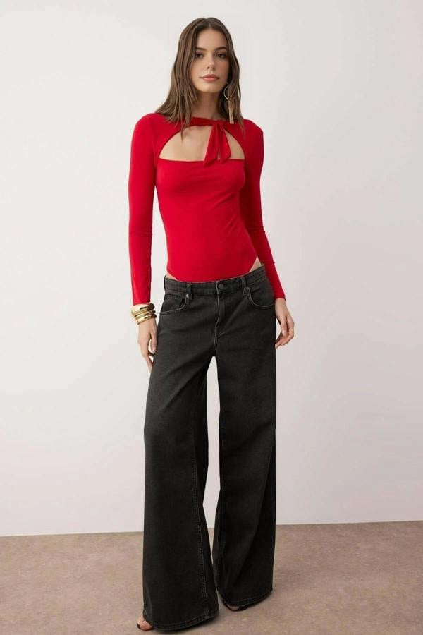 WOVCOR Asymmetrical Collar Knit Bodysuit with Tie Detail