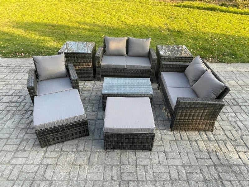 Fimous 7-Seater Rattan Garden Lounge Sofa Chair Set - Dark Grey Mixed Patio Outdoor Furniture with Rectangular Coffee Table & 2 Big Footstools