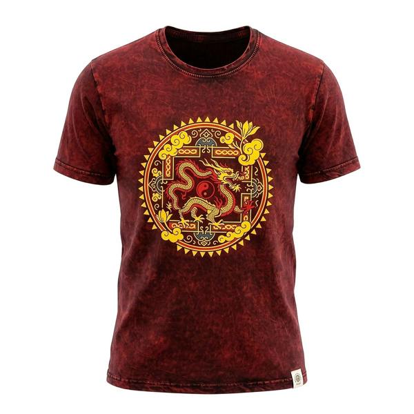 Maroon stonewashed cotton t-shirt with yellow dragon mandala print, short sleeves