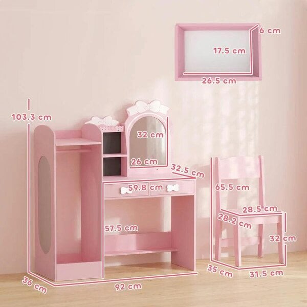 Kids Dressing Table, 3-in-1 Kids Vanity Set with Stool, 2-Colour Lights Mirror, Clothes Rack for Ages 3-8, Pink