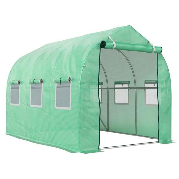 Green walk-in greenhouse with roll-up mesh windows and front door