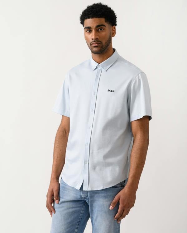 model wearing a BOSS Green ST_Motion Mens Short Sleeve Shirt in Open Blue 460