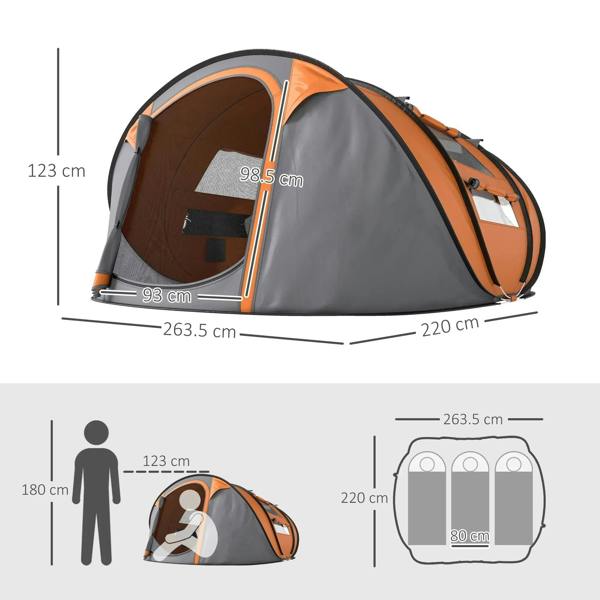 Orange and dark gray tent with size dimensions shown for height and footprint