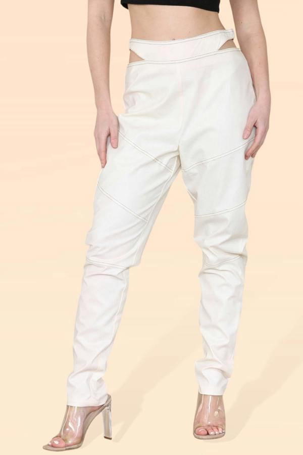 Women's Cut Out High Waist PU Biker Trousers - Sexy Leather Look Rider Pants with Elastic Waist, Modern Classic Vintage Streetwear - Elaina Fashion