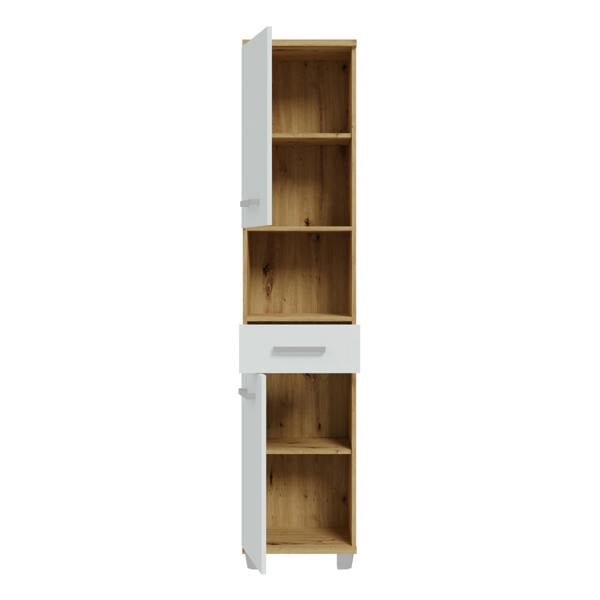 Furniture To Go Veris Tall Narrow Bathroom Cupboard with 2 Doors & 1 Drawer in Artisan Oak andLight Grey