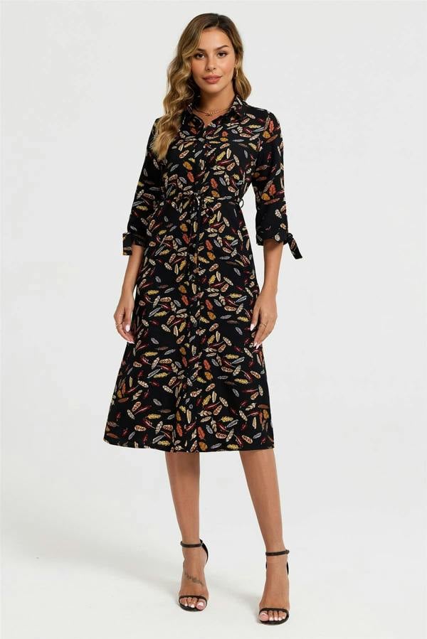 FS Collection Leaf Print Tie On Sleeves Midi Shirt Dress In Black