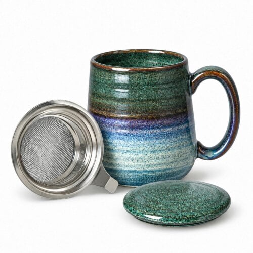Skandi Home Aska Large Ocean Teal Reactive Glaze Ceramic Infuser Mug with Lid and removable Stainless Steel Infuser