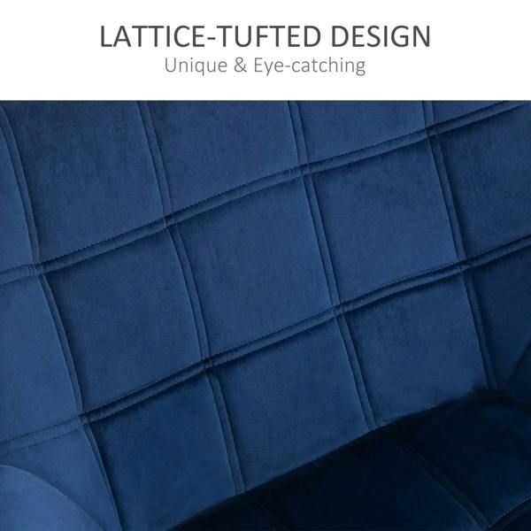 Blue tufted lattice back upholstery detail on padded armchair
