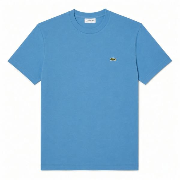 Lacoste azure blue cotton pima crew neck t-shirt with signature crocodile logo.