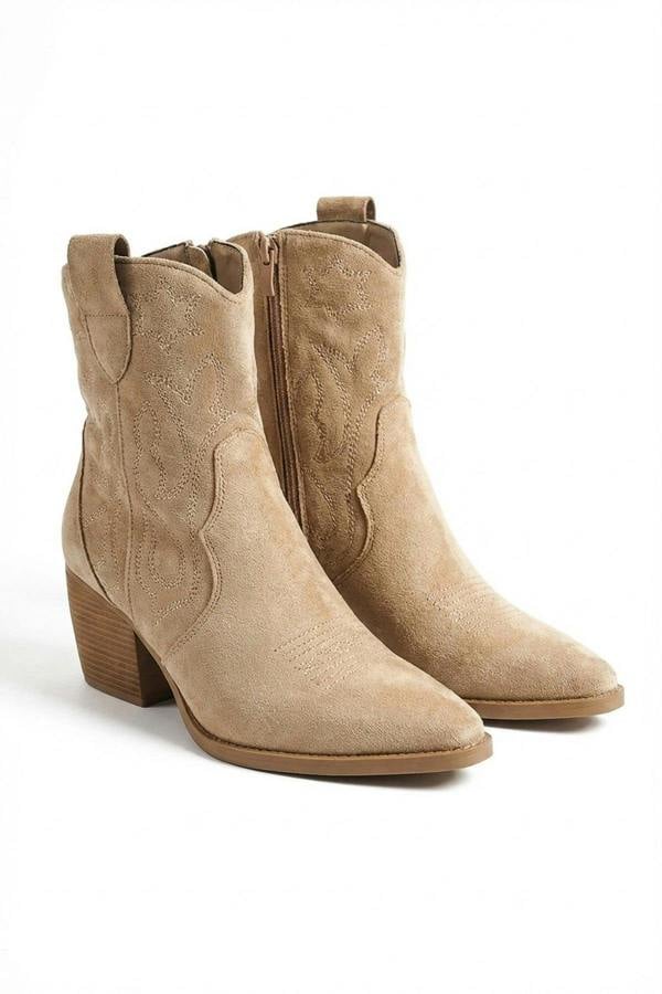 Laura Suede Cowboy Ankle Length Boots - Khaki_wb