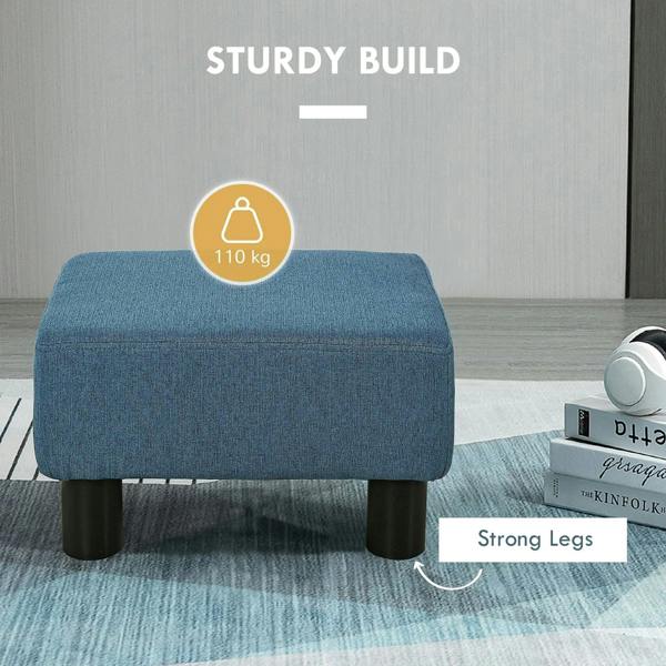 Blue linen cube ottoman footstool with black legs and thick cushioned seat
