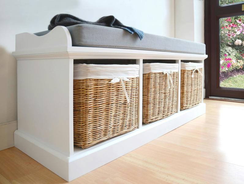 Tetbury White Storage Bench with Natural Wicker Baskets and Grey Cushion
