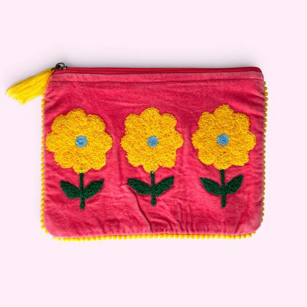 Hayley & Co Embroidered Velvet Make Up Bag | Everyday Pouch | Pink Sunflower Design