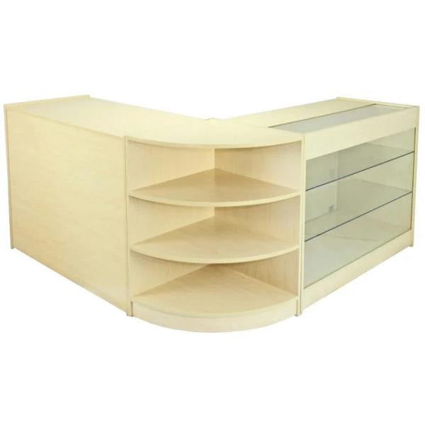 Titan Maple Shop Counter & Retail Display Set featuring a light maple finish, curved edges, glass shelves, and ample storage space