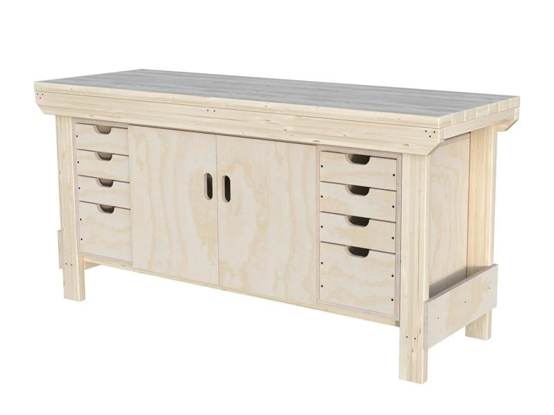 Acorn Heavy-Duty Cupboard Workbench (V.4) – Sturdy Wooden Workbench with Two-Door Cupboard in the middle, Multiple Drawers, and Optional Back Panel or Pegboard, Ideal for Garages, Workshops, and Sheds