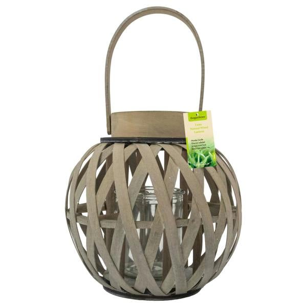 JVL Luna Natural Round Wood Lantern With Handle, Antique Wash