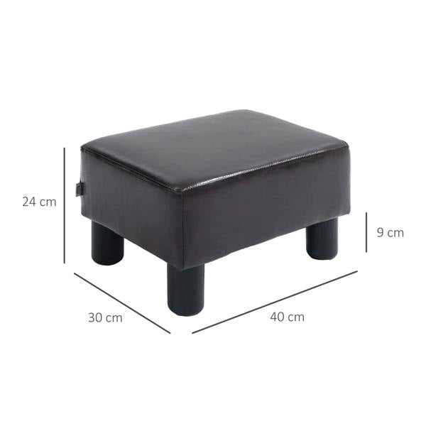 Dark PU leather cube ottoman, 40x30 cm top; 24 cm height; four plastic legs.