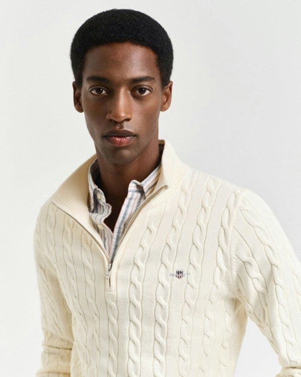 GANT Mens Cotton Cable Half Zip Jumper - 130 Cream